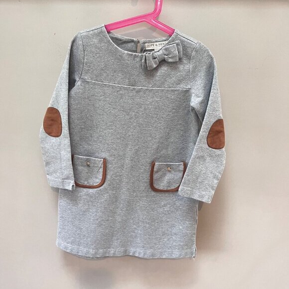 Hope &‎ Henry Girls Gray Dress With Bow & Elbow Patches - Size 7 - Picture 1 of 5